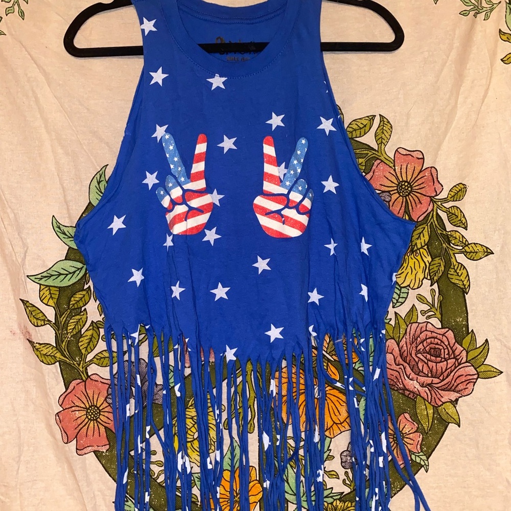 Peace & Patriotism American Fringed Cropped Star Tank Top